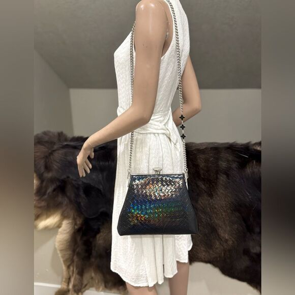 Unique Iridescent Embossed Leather Handmade Push Lock Boxy Bag, Multi Use Style - Picture 13 of 17